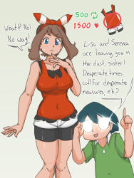 Rule 34 | absurdres, black shorts, blue eyes, blush, breasts, brown hair, cowboy shot, creatures (company), game freak, glasses, green background, green shirt, highres, immortalstar, large breasts, max (pokemon), may (pokemon), nintendo, pokemon, pokemon (anime), pokemon oras, pokemon rse (anime), red shirt, shirt, shorts, shorts under shorts, simple background, sketch, sleeveless, speech bubble, standing, text focus, white shorts