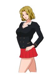 Rule 34 | 1990s (style), 1girl, 78 (tky8), agent aika, aika (series), alternate costume, ass, black delmo, black jacket, black shirt, blonde hair, blush, breasts, brown eyes, buttons, casino dealer delmo, cleavage, collarbone, cropped legs, dealer delmo, delmo, female focus, hand on own hip, jacket, long sleeves, medium breasts, open mouth, pleated skirt, red skirt, shirt, short hair, skirt, solo, standing, uniform, white background
