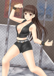 Rule 34 | 1girl, botan m, breasts, brown eyes, brown hair, cleavage, dead or alive, fighting stance, large breasts, lei fang, long hair, midriff, navel, no bra, shorts, smile, solo, tecmo, unzipped, wristband