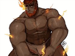 Rule 34 | 1boy, abs, bara, beard, eyebrow cut, facial hair, flaming eye, hephaestus (housamo), highres, large pectorals, male focus, manly, muscular, nipples, pectorals, red eyes, ruslorc, scar, simple background, solo, thick eyebrows, tokyo houkago summoners, underwear, underwear only, upper body