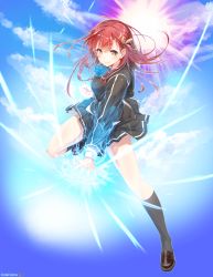 Rule 34 | 10s, 1girl, ange vierge, black socks, bow, breasts, character request, full body, glowing, hair bow, highres, leg up, long hair, long sleeves, looking at viewer, medium breasts, pleated skirt, red hair, school uniform, shoes, skirt, sky, smile, socks, solo, uniform, yellow eyes