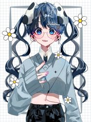 Rule 34 | 1girl, ahaha tea, animal ears, black hair, blue eyes, blush, collared shirt, cropped sweater, dalmatian, dog ears, dog girl, ear chain, earrings, flower, glasses, hand on own chest, highres, jewelry, long hair, long sleeves, midriff, multiple earrings, nail polish, navel, necktie, open mouth, original, personification, round eyewear, shirt, sleeves past wrists, smile, solo, twintails, very long hair, wavy hair
