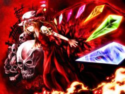 Rule 34 | 1girl, female focus, flandre scarlet, from side, hat, mikihiro, mob cap, ponytail, red background, red eyes, red theme, skull, solo, touhou, white hat, wings