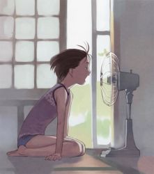 Rule 34 | 1girl, backlighting, blouse, brown hair, day, duplicate, electric fan, fanning face, fanning self, from side, full body, indoors, kneeling, muted color, open mouth, shirt, short hair, short shorts, shorts, sleeveless, sleeveless shirt, solo, takamichi, talking into fan