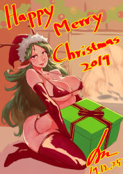 Rule 34 | 1girl, :p, absurdres, animal ears, bikini, breasts, christmas, dated, elbow gloves, gift, gloves, green hair, hat, high heels, highres, large breasts, long hair, looking at viewer, merry christmas, minew, original, red bikini, red eyes, red gloves, red legwear, santa hat, smile, solo, swimsuit, tongue, tongue out, very long hair