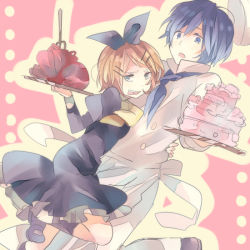 Rule 34 | 1boy, 1girl, akujiki musume conchita (vocaloid), aqua eyes, bad id, bad pixiv id, black dress, black ribbon, blonde hair, blue eyes, blue hair, cake, chef, chef hat, chef, dress, evil smile, evillious nendaiki, food, fork, frilled dress, frills, hair ornament, hair ribbon, hairclip, hands on another&#039;s hips, hat, kagamine rin, kaito (vocaloid), leaning back, leaning forward, leg up, maid, mary janes, meat, neck ribbon, neckerchief, ousaka nozomi, polka dot, polka dot background, ribbon, servant, shoes, short hair, simple background, smile, surprised, tongue, tongue out, vocaloid, waitress