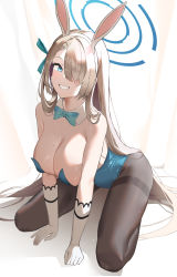 Rule 34 | 1girl, absurdres, animal ears, asuna (blue archive), asuna (bunny) (blue archive), black pantyhose, blonde hair, blue archive, blue bow, blue bowtie, blue eyes, blue leotard, blue ribbon, blush, bow, bowtie, breasts, cleavage, commentary, detached collar, elbow gloves, fake animal ears, full body, gloves, grin, hair between eyes, hair over one eye, hair ribbon, hairband, halo, highres, jbell, kneeling, large breasts, leotard, light particles, long hair, looking at viewer, mole, mole on breast, pantyhose, parted bangs, playboy bunny, rabbit ears, ribbon, shadow, sidelocks, smile, solo, thighband pantyhose, very long hair, white gloves, white hairband
