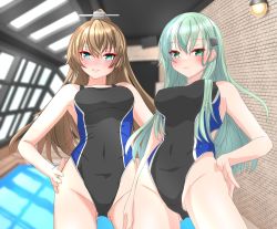Rule 34 | 2girls, alternate costume, aqua eyes, aqua hair, black one-piece swimsuit, blue eyes, blue one-piece swimsuit, blush, breasts, brown hair, closed mouth, competition swimsuit, covered navel, cowboy shot, from below, gluteal fold, hair between eyes, hair ornament, hairclip, highres, indoors, kantai collection, kumano (kancolle), long hair, looking at viewer, looking down, medium breasts, multiple girls, nitamako (sakamalh), one-piece swimsuit, open mouth, ponytail, pool, poolside, rei no pool, smile, suzuya (kancolle), swimsuit, two-tone swimsuit, water, window