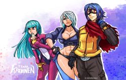 Rule 34 | 1boy, 2girls, absurdres, angel (kof), belt, black gloves, blue gloves, blue hair, bodysuit, breasts, cape, cleavage, food, gloves, goggles, hair over one eye, highres, ice cream, ichduhernz, jacket, krohnen, kula diamond, large breasts, long hair, long sleeves, mechanical arms, medium hair, multicolored clothes, multicolored jacket, multiple girls, padded gloves, popsicle, red cape, red eyes, red goggles, short hair, the king of fighters, the king of fighters xv, tinted eyewear, white hair, zipper