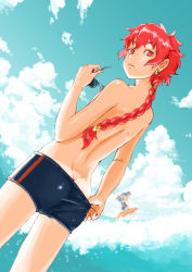Rule 34 | 2boys, adjusting clothes, adjusting swimsuit, alexander (fate), androgynous, ass, ass focus, black hair, blue jammers, blue male swimwear, blue swim trunks, braid, butt crack, double vertical stripe, earrings, fate/grand order, fate (series), jammers, jammers pull, jewelry, long hair, looking at viewer, looking back, lord el-melloi ii, male focus, male swimwear, male swimwear pull, multiple boys, pulled by self, red eyes, red hair, single braid, solo focus, sousuke (sauceke), sunglasses, surfboard, surfing, swim trunks, swimsuit, tan, tanline, waver velvet