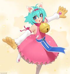 Rule 34 | 1girl, :3, animal ears, animal hands, antenna hair, bell, blue eyes, blue hair, blush, bow hairband, cat ears, cat girl, collar, detached sleeves, dress, gloves, hairband, kuroonehalf, looking at viewer, medium hair, neck bell, nhk ni youkoso!, open mouth, outstretched arms, paw gloves, pururin (nhk), sleeveless, sleeveless dress, smile, solo, standing, standing on one leg