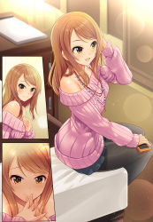 Rule 34 | 10s, 1girl, bare shoulders, black pantyhose, blush, brown eyes, brown hair, cellphone, comic, commentary request, highres, hojo karen, idolmaster, idolmaster cinderella girls, lens flare, long hair, looking at viewer, mk (mod0), pantyhose, phone, ribbed sweater, silent comic, smartphone, smile, solo, sweater