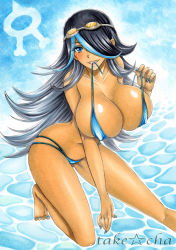 Rule 34 | 10s, 1girl, bikini, black hair, blue eyes, blue hair, blush, breasts, cleavage, collarbone, covered erect nipples, creatures (company), dark-skinned female, dark skin, game freak, goggles, goggles on head, hair over one eye, huge breasts, long hair, looking at viewer, makeup, marker (medium), matching hair/eyes, mouth hold, multicolored hair, nail polish, nintendo, pokemon, pokemon oras, shelly (pokemon), shelly (pokemon oras), smile, solo, swimsuit, takecha, team aqua, teeth hold, traditional media, two-tone hair, undressing, very long hair