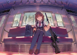 Rule 34 | 1girl, ai arctic warfare, bag, bolt action, brown hair, cityscape, cyborg, fisheye, gun, long hair, looking at viewer, md5 mismatch, moss, original, prosthesis, prosthetic arm, red eyes, rifle, school uniform, sitting, sniper rifle, solo, thighhighs, train, train interior, weapon, wire, yasumo (kuusouorbital)