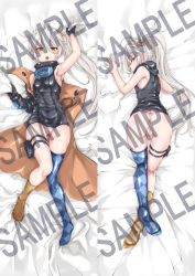 Rule 34 | 1girl, armpits, brown eyes, girls&#039; frontline, gloves, goggles, goggles around neck, jacket, long hair, navel, pkp (girls&#039; frontline), pussy, sample watermark, side ponytail, silver hair, tangent3625, thighhighs, torn clothes, torn legwear, uncensored, very long hair, watermark