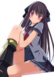 Rule 34 | &gt;:), 1girl, ao no kanata no four rhythm, black hair, black ribbon, blue sailor collar, blush, closed mouth, commentary request, feet out of frame, hair ribbon, highres, hugging own legs, knee up, long hair, looking at viewer, miniskirt, neckerchief, pleated skirt, pnsk4125, purple eyes, red neckerchief, ribbon, sailor collar, school uniform, serafuku, shirt, short sleeves, simple background, sitting, skirt, smile, smirk, solo, split mouth, tobisawa misaki, v-shaped eyebrows, very long hair, white background, white shirt