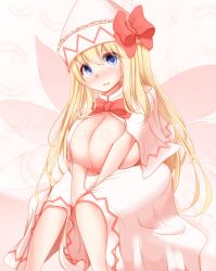 Rule 34 | 1girl, bad id, bad pixiv id, blonde hair, blue eyes, blush, bow, breasts, cleavage, dress, fairy wings, hat, highres, huge breasts, lily white, long hair, looking at viewer, parted lips, shiro oolong-cha, sitting, solo, touhou, v arms, very long hair, wings