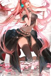 Rule 34 | 1girl, angel, angel wings, hebi, highres, long hair, looking at viewer, megurine luka, open mouth, pink hair, skirt, smile, solo, thighhighs, vocaloid, wings