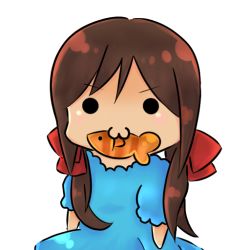 Rule 34 | &gt;:3, 1girl, :3, axis powers hetalia, bad id, bad pixiv id, bow, brown hair, dress, fish, food, hair bow, hair ornament, mouth hold, seychelles (hetalia), smile, solo, twintails, v-shaped eyebrows