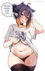 Rule 34 | 1girl, absurdres, ahoge, alternate breast size, animeattics, black choker, black panties, black thighhighs, blush, breasts, choker, clothes lift, cowboy shot, curvy, english text, highres, hololive, hololive english, large breasts, lifted by self, looking at viewer, navel, ninomae ina&#039;nis, ninomae ina&#039;nis (loungewear), open mouth, panties, plump, pointy ears, purple eyes, purple hair, shirt, shirt lift, short sleeves, skindentation, smile, solo, speech bubble, stomach, t-shirt, teeth, tentacle hair, thick thighs, thighhighs, thighs, underwear, upper teeth only, virtual youtuber, white shirt, wide hips