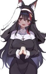 Rule 34 | 1girl, :d, animal ear fluff, animal ears, black dress, breasts, cross, cross necklace, dress, ears through headwear, highres, hololive, jewelry, large breasts, long hair, multicolored hair, necklace, nun, ookami mio, open mouth, orobou, own hands clasped, own hands together, simple background, smile, solo, streaked hair, traditional nun, veil, very long hair, virtual youtuber, white background, wolf ears