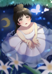 Rule 34 | 1girl, absurdres, birthday, black hair, breasts, bug, butterfly, cleavage, collarbone, commentary, crescent moon, dress, flower, hazuki ren, high ponytail, highres, insect, long hair, love live!, love live! superstar!!, medium breasts, moon, night, night sky, pond, ponytail, pukonuu, sky, solo, white dress, yellow eyes