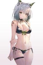 Rule 34 | 1girl, absurdres, animal ear fluff, animal ears, arknights, arm behind back, bikini, black bikini, black choker, blush, bow, bow bikini, breasts, choker, cleavage, closed mouth, collarbone, commentary, cowboy shot, earrings, gradient background, gradient hair, green bow, grey eyes, grey hair, halterneck, highres, jewelry, kal&#039;tsit (arknights), lace, lace-trimmed bikini, lace trim, looking at viewer, material growth, medium breasts, multicolored hair, navel, oripathy lesion (arknights), short hair, side-tie bikini bottom, sishui liuyue, solo, swimsuit, thigh strap