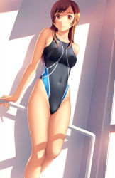 Rule 34 | 1girl, absurdres, asics, breasts, brown eyes, brown hair, collarbone, competition swimsuit, covered erect nipples, groin, hair ornament, hairclip, highleg, highleg swimsuit, highres, kuri (kurigohan), large breasts, legs, long hair, long legs, one-piece swimsuit, original, solo, swimsuit, thighs