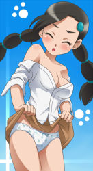 Rule 34 | 00s, 1girl, awa, bare shoulders, blue background, blush, braid, candice (pokemon), closed eyes, clothes lift, creatures (company), game freak, gym leader, multi-tied hair, nintendo, panties, paw print, pokemon, pokemon dppt, skirt, skirt lift, solo, twin braids, twintails, underwear, undressing