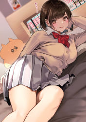 Rule 34 | arm behind back, bed, blue hair, blurry, blurry background, blush, bob cut, book, bookshelf, bow, brown eyes, brown hair, eyes visible through hair, grey skirt, head rest, looking at viewer, lying, manga (object), multicolored hair, nishizawa, on bed, on side, original, parted lips, photo (object), pillow, red bow, school uniform, short hair, skirt, sleeves past wrists, stuffed toy, two-tone hair, uniform