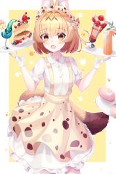 Rule 34 | 1girl, :d, absurdres, adapted costume, alternate costume, animal ears, bad id, bad pixiv id, blonde hair, collared shirt, cowboy shot, enmaided, fang, gloves, high-waist skirt, highres, holding, holding tray, kemono friends, looking at viewer, maid, maid headdress, multicolored hair, open mouth, print skirt, puffy short sleeves, puffy sleeves, serval (kemono friends), serval print, shirt, short hair, short sleeves, skirt, smile, solo, streaked hair, suspender skirt, suspenders, tail, tray, unwoo770122, waitress, white gloves, white shirt, yellow eyes