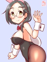 Rule 34 | 1girl, alternate costume, animal ears, artist logo, black hair, black leotard, blush, bow, bowtie, breasts, brown pantyhose, covered navel, detached collar, fake animal ears, glasses, gradient background, grey background, hair ornament, hairclip, highleg, highleg leotard, kanon (kurogane knights), kantai collection, kuroshio (kancolle), leotard, looking at viewer, medium breasts, one-hour drawing challenge, pantyhose, playboy bunny, rabbit ears, short hair, smile, solo, strapless, strapless leotard, traditional bowtie, wrist cuffs