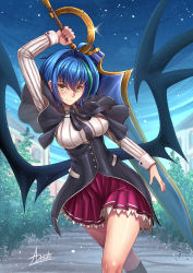 Rule 34 | 1girl, adsouto, ahoge, artist name, bat wings, blue hair, blue sky, blush, breasts, demon wings, female focus, green hair, high school dxd, highres, holding, holding sword, holding weapon, huge weapon, kuoh academy school uniform, large breasts, large wings, looking at viewer, multicolored hair, school uniform, short hair, signature, skirt, sky, smile, solo, streaked hair, sword, tree, two-tone hair, weapon, wings, xenovia quarta, yellow eyes