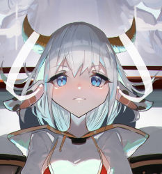 Rule 34 | 1girl, animal ears, blue eyes, brown horns, chinese zodiac, cow ears, cow horns, cropped, eyes visible through hair, grey hair, horns, long hair, original, parted lips, ryes 8, smile, solo, upper body, year of the ox