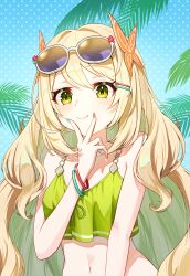 Rule 34 | 1girl, absurdres, alternate costume, bare shoulders, bikini, blonde hair, breasts, butterfly hair ornament, celine (fire emblem), closed mouth, eyewear on head, fire emblem, fire emblem engage, green bikini, green eyes, hair ornament, highres, long hair, looking at viewer, mky kmy, navel, nintendo, small breasts, smile, solo, sunglasses, swimsuit, upper body, v over mouth, very long hair