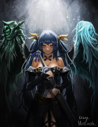 Rule 34 | 1girl, absurdres, artist name, bare shoulders, black shirt, black skirt, blue hair, breasts, character name, cleavage, closed mouth, detached sleeves, dizzy (guilty gear), guilty gear, guilty gear xrd, hair ribbon, highres, holding, holding sword, holding weapon, long hair, medium breasts, mistcastle, monster girl, navel, necro (guilty gear), red eyes, ribbon, sheath, sheathed, shirt, skirt, sleeves past wrists, smile, standing, sword, twintails, undine (guilty gear), very long hair, weapon, wings, yellow ribbon