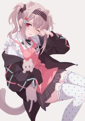 Rule 34 | 1girl, animal ears, apron, black bow, black jacket, bow, brown hair, collared shirt, commentary request, dress shirt, feet out of frame, frilled thighhighs, frills, grey background, grey skirt, hair between eyes, hand up, heart, heart print, highres, jacket, jewelry, long sleeves, mizu (lzzrwi603), nail polish, hugging object, off shoulder, open clothes, open jacket, original, pink apron, pink nails, pleated skirt, print thighhighs, puffy long sleeves, puffy sleeves, red eyes, ribbon-trimmed legwear, ribbon trim, ring, rubbing eyes, shirt, simple background, skirt, sleeves past fingers, sleeves past wrists, solo, stuffed animal, stuffed cat, stuffed toy, tail, thighhighs, twintails, white shirt, white thighhighs