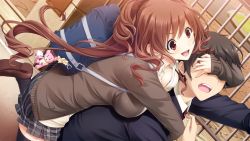 Rule 34 | 1boy, 1girl, backpack, bag, black thighhighs, brown eyes, brown hair, covering own eyes, fingernails, from behind, game cg, grabbing, grabbing from behind, guess who, kajiya ayano, kiss bell, leg lift, long sleeves, mikoto akemi, official art, open mouth, plaid, pleated skirt, skirt, thighhighs
