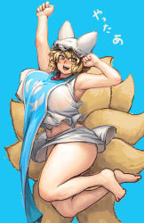 Rule 34 | 1girl, adapted costume, animal hat, arm above head, armpits, arms up, bare shoulders, barefoot, belly, blonde hair, blue background, blush, bouncing breasts, breasts, brown eyes, chanta (ayatakaoisii), clothes lift, covered erect nipples, crop top, fang, fist pump, fox tail, full body, hair between eyes, hand up, hat, highres, hip focus, huge breasts, jumping, legs, looking at viewer, midriff, miniskirt, mob cap, multiple tails, navel, open mouth, plump, see-through, shirt, short hair, simple background, skirt, skirt lift, slit pupils, solo, sweat, sweatdrop, tabard, tail, tank top, thick thighs, thighs, toes, touhou, translation request, white shirt, white skirt, yakumo ran