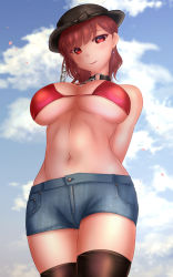 Rule 34 | 1girl, black bow, black headwear, black thighhighs, blue shorts, bow, breasts, closed mouth, cloud, from below, hecatia lapislazuli, highres, large breasts, looking at viewer, red eyes, red hair, short hair, short shorts, shorts, shounen (hogehoge), sky, smile, solo, thighhighs, touhou, underwear