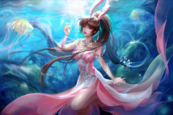 Rule 34 | 1girl, absurdres, animal ears, artist request, breasts, brown hair, bubble, collar, douluo dalu, dress, hair ornament, highres, index finger raised, jellyfish, leg up, light rays, long hair, medium breasts, metal collar, pantyhose, parted lips, pink dress, ponytail, rabbit ears, second-party source, solo, teeth, underwater, white pantyhose, xiao wu (douluo dalu)