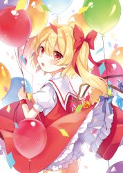 Rule 34 | 1girl, ahoge, ascot, balloon, blonde hair, bloomers, blue bow, blush, bow, commentary request, confetti, cowboy shot, crystal, dress, fang, flandre scarlet, from behind, hair between eyes, hair bow, head tilt, highres, holding, holding balloon, looking at viewer, looking back, no headwear, open mouth, paragasu (parags112), petticoat, puffy short sleeves, puffy sleeves, red bow, red dress, red eyes, short hair, short sleeves, side ponytail, simple background, solo, standing, touhou, underwear, white background, white bloomers, wings, wristband, yellow ascot