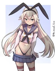 Rule 34 | 1girl, absurdres, black hairband, black neckerchief, black panties, blonde hair, blue sailor collar, blue skirt, crop top, elbow gloves, gloves, grey eyes, hairband, highleg, highleg panties, highres, kantai collection, long hair, looking at viewer, microskirt, miniskirt, neckerchief, one-hour drawing challenge, panties, pleated skirt, sailor collar, shimakaze (kancolle), shirt, skirt, sleeveless, sleeveless shirt, solo, standing, striped clothes, striped thighhighs, the second form, thigh gap, thighhighs, twitter username, underwear, undressing, white gloves