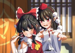 Rule 34 | 2girls, amanoyayuki, ascot, bare shoulders, black hair, blush, bow, brown eyes, brown hair, collared shirt, collared vest, commentary request, dango, food, frilled bow, frills, hair bow, hair tubes, hakurei reimu, hat, highres, holding another&#039;s arm, long sleeves, multiple girls, open mouth, pointy ears, pom pom (clothes), puffy short sleeves, puffy sleeves, red bow, red eyes, red headwear, red ribbon, red vest, ribbon, shameimaru aya, shirt, short hair, short sleeves, sidelocks, tokin hat, touhou, vest, wagashi, wavy mouth, white shirt, white sleeves, wide sleeves, yellow ascot