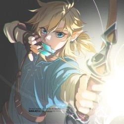 Rule 34 | 1boy, arm guards, arrow (projectile), blue eyes, blue tunic, bow (weapon), drawing bow, earrings, fingerless gloves, foreshortening, gloves, glowing arrow, grey background, hair between eyes, highres, holding, holding arrow, holding bow (weapon), holding weapon, jewelry, link, long sleeves, low ponytail, male focus, medium hair, nintendo, nito minatsuki, pointy ears, shirt, short sleeves, shoulder belt, solo, the legend of zelda, the legend of zelda: breath of the wild, thick eyebrows, upper body, weapon, white shirt