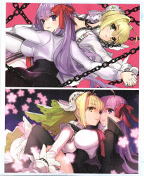 Rule 34 | 4girls, ahoge, bb (fate), bb (fate/extra), belt, black legwear, black skirt, blonde hair, bodysuit, breasts, bridal veil, chain, cleavage, fate/extra, fate/extra ccc, fate (series), flower, gloves, green eyes, hair ribbon, highres, holding hands, large breasts, long hair, long sleeves, looking at viewer, medium breasts, multiple girls, nero claudius (bride) (fate), nero claudius (fate), nero claudius (fate) (all), open mouth, purple eyes, purple hair, red ribbon, ribbon, scan, skirt, smile, thighhighs, veil, very long hair, wada arco, white gloves, zipper