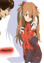 Rule 34 | 1boy, 1girl, absurdres, age difference, aida kensuke, beard, blue eyes, breasts, brown hair, evangelion: 3.0+1.0 thrice upon a time, eyepatch, facial hair, glasses, gloves, grin, hair ornament, hairclip, highres, long hair, looking at another, neon genesis evangelion, plugsuit, rebuild of evangelion, simple background, sitting, smile, souryuu asuka langley, title, twintails, two side up