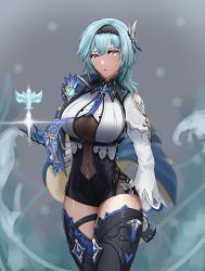 Rule 34 | 1girl, alterzk, black leotard, black thighhighs, blue hair, blurry, cape, commentary request, depth of field, eula (genshin impact), genshin impact, grey eyes, hair between eyes, hair ornament, hairband, head tilt, highres, leotard, long hair, long sleeves, looking at viewer, necktie, parted lips, sidelocks, simple background, snowflakes, solo, symbol, thighhighs, two-tone gloves, vision (genshin impact), wide sleeves, zettai ryouiki