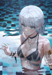 Rule 34 | 1girl, absurdres, armlet, bikini, black bikini, blush, bracelet, braid, breasts, choker, cleavage, cross, cross-laced clothes, cross necklace, crown braid, earrings, grey eyes, half updo, halterneck, hani haya, highres, jewelry, large breasts, necklace, o-ring, o-ring bikini, o-ring top, original, safety pin, short hair, silver hair, solo, swimsuit, wading, water