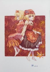 Rule 34 | 1546677594, 2girls, absurdres, aki minoriko, aki shizuha, apron, back-to-back, barefoot, black skirt, blonde hair, closed mouth, collared shirt, dated, food, frilled skirt, frills, fruit, full body, grapes, hair between eyes, hair ornament, hat, highres, holding hands, juliet sleeves, leaf, leaf background, leaf hair ornament, leaf print, long sleeves, mob cap, multiple girls, open mouth, painting (medium), print apron, print skirt, puffy short sleeves, puffy sleeves, red apron, red eyes, red headwear, red shirt, red skirt, red theme, shirt, short hair, short sleeves, skirt, sleeve garter, touhou, traditional media, watercolor (medium), white shirt, yellow eyes